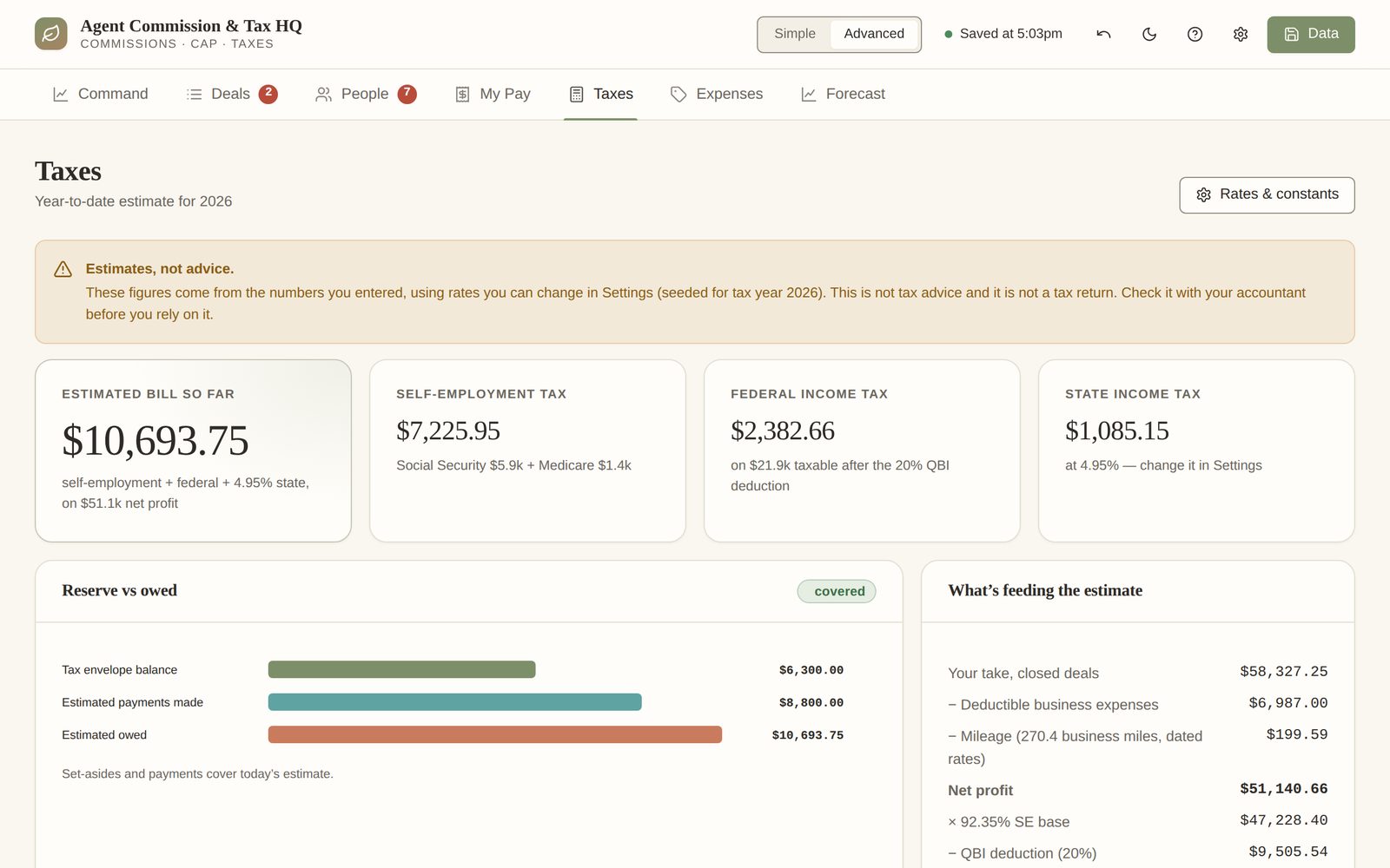 Taxes screen: estimated bill so far, self-employment tax, federal and state income tax, reserve versus owed