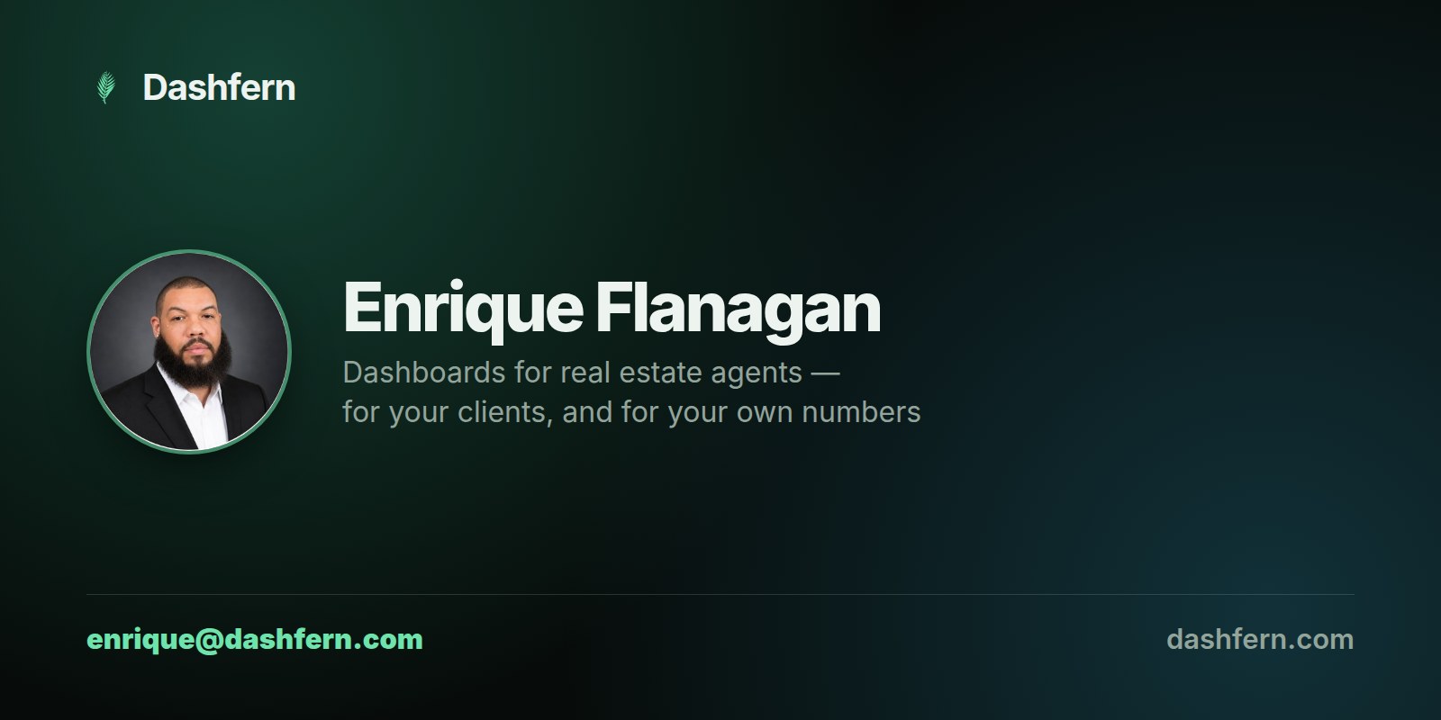 Example branding card: the Dashfern fern mark, Enrique Flanagan's headshot, name, tagline and email on a dark green card